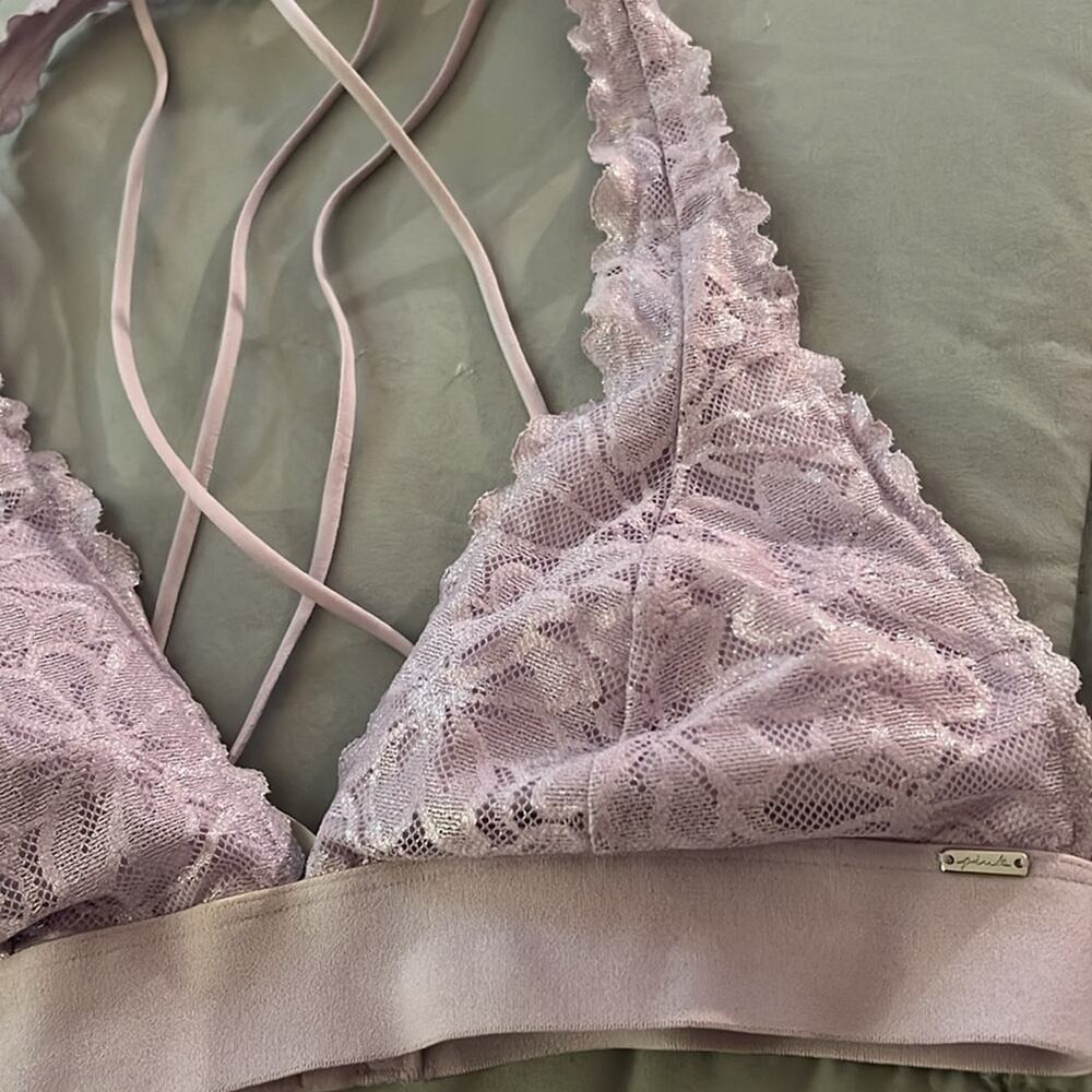 PINK Victoria's Secret Lavender Lace Bralette Halter‎ Crisscross Back S P - Picture 3 of 7